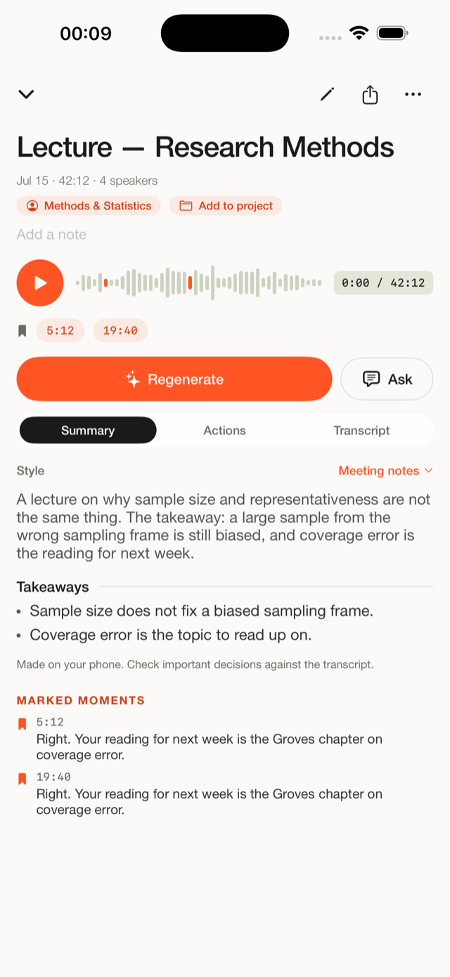 A lecture transcript in Fieldnoter with speaker labels and a study summary