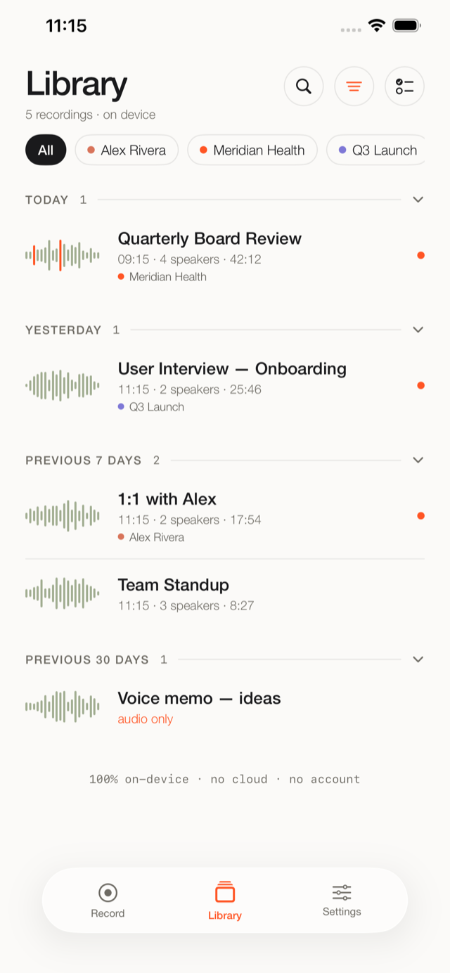 The Fieldnoter library, with recordings organized by client and project