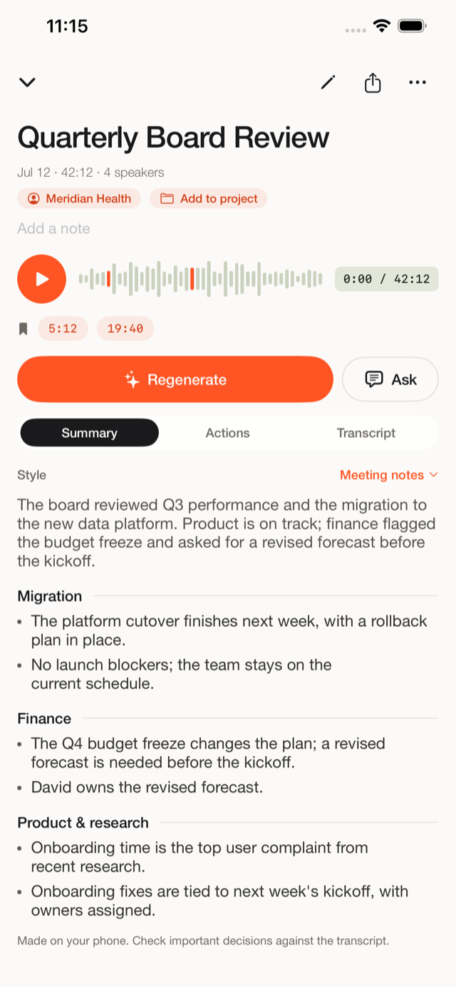 A Fieldnoter transcript with named speakers, ready to export