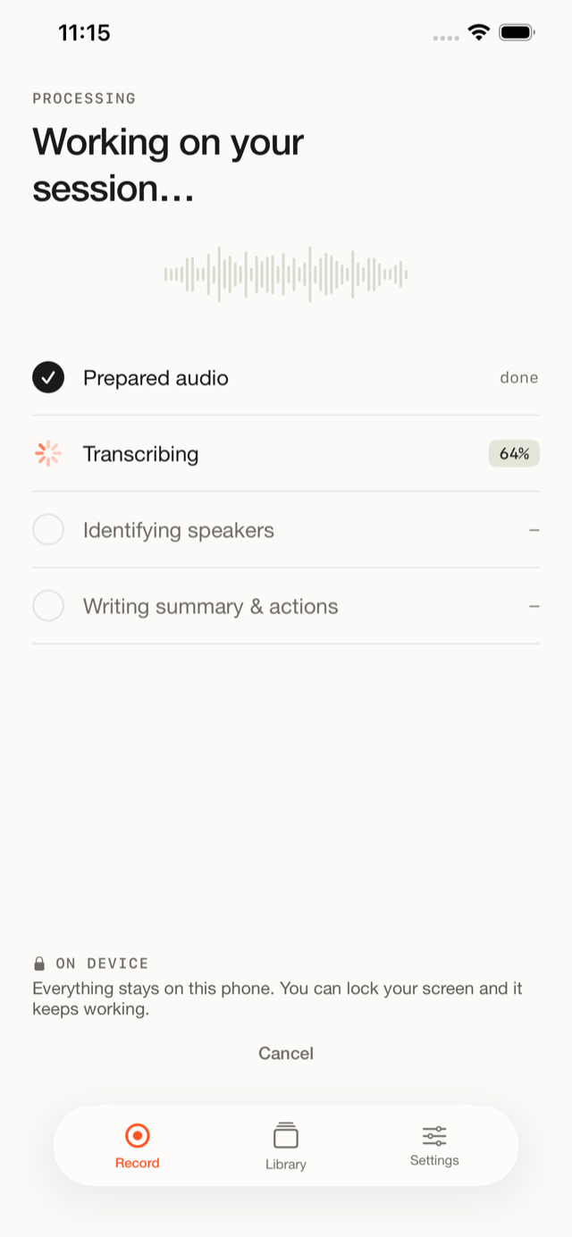 Fieldnoter processing a recording on the device, before the transcript appears