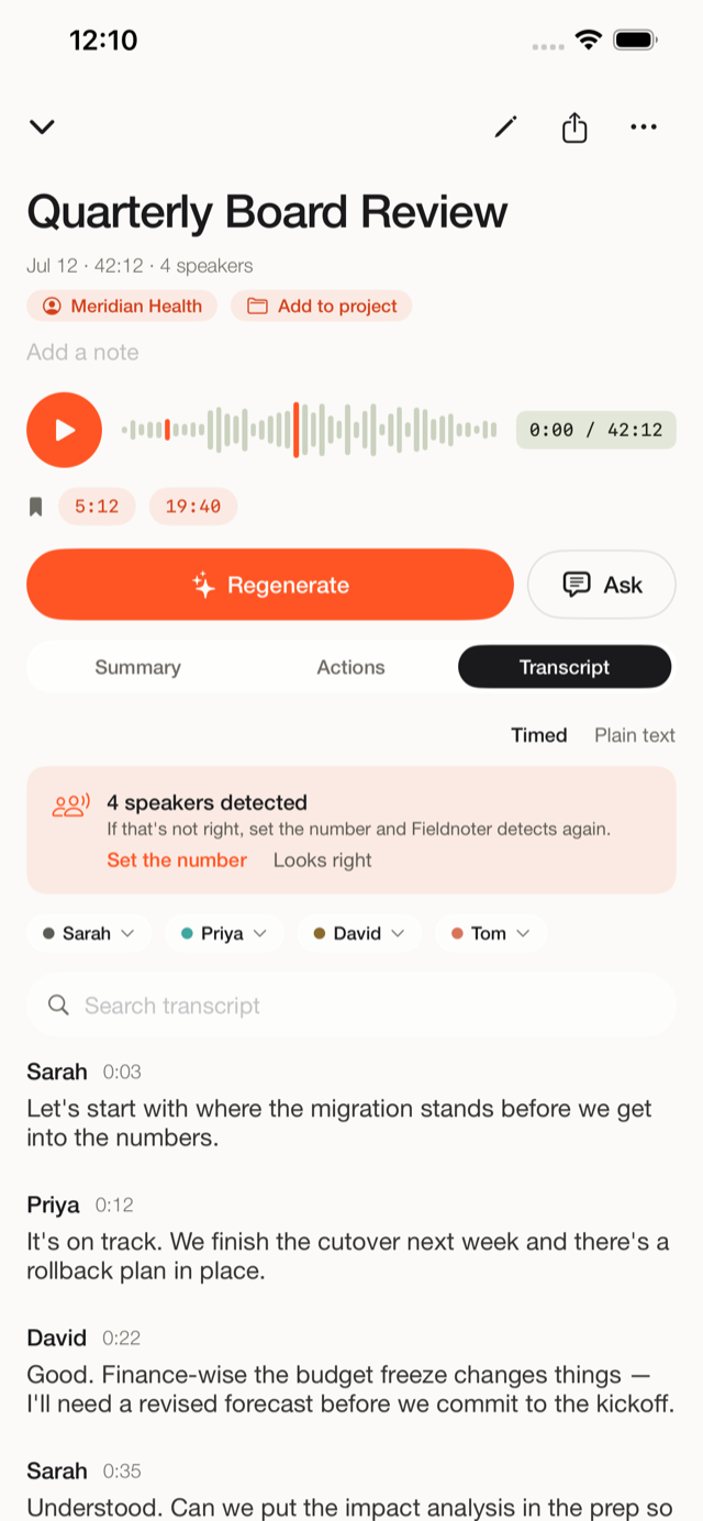 A Fieldnoter transcript shown as timestamped segments that carry into an export