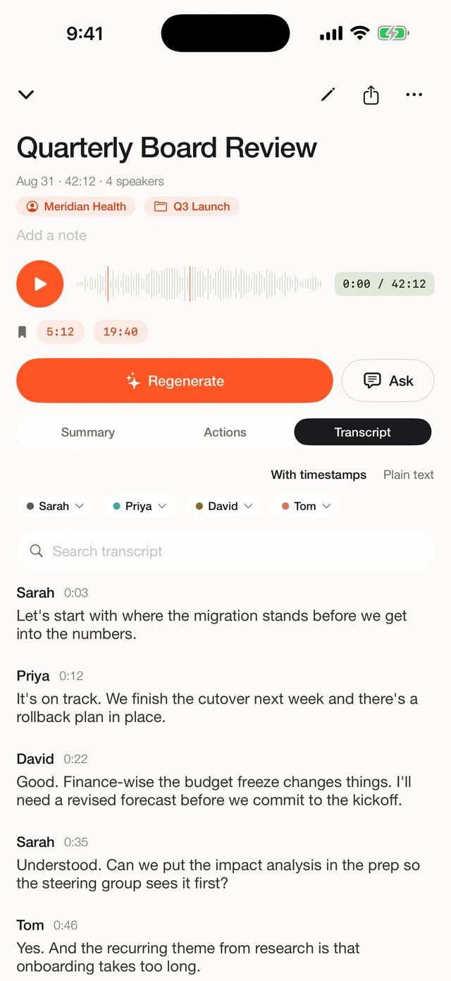 Fieldnoter transcript with four speakers labelled
