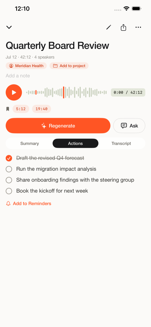 A list of action items extracted from a meeting in Fieldnoter