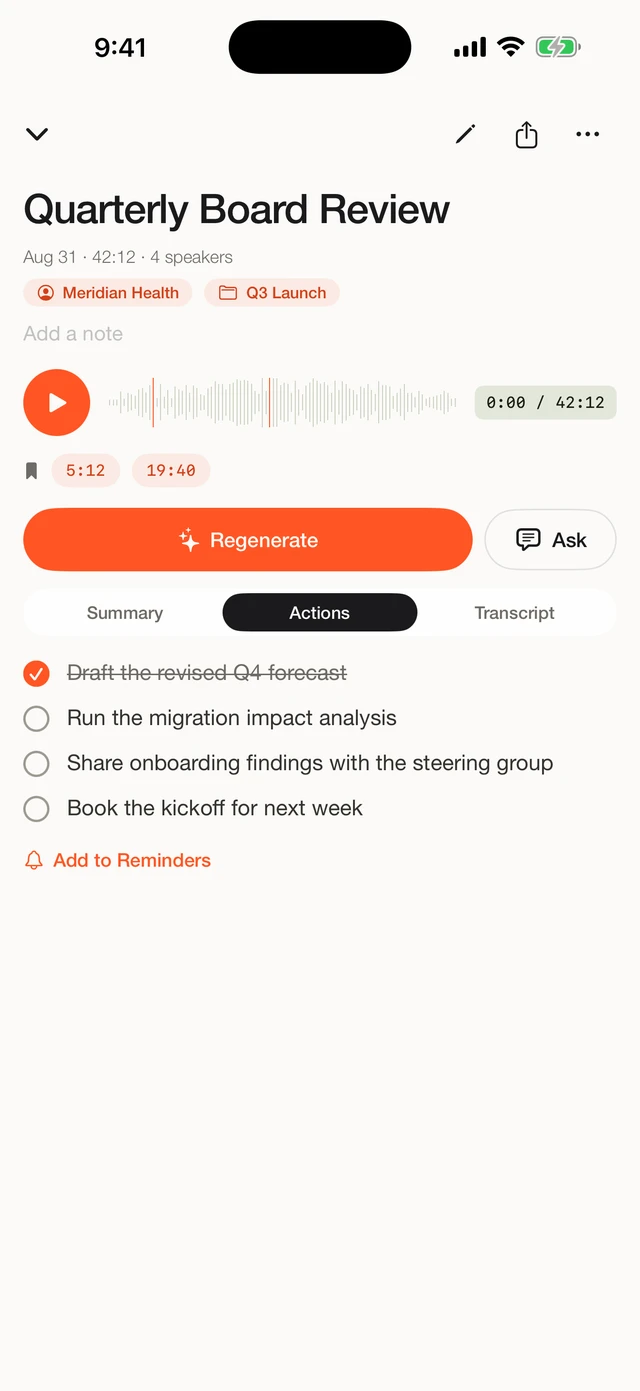 Fieldnoter summary and action items on screen