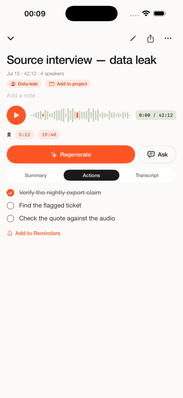 A summary and action items from an interview in Fieldnoter
