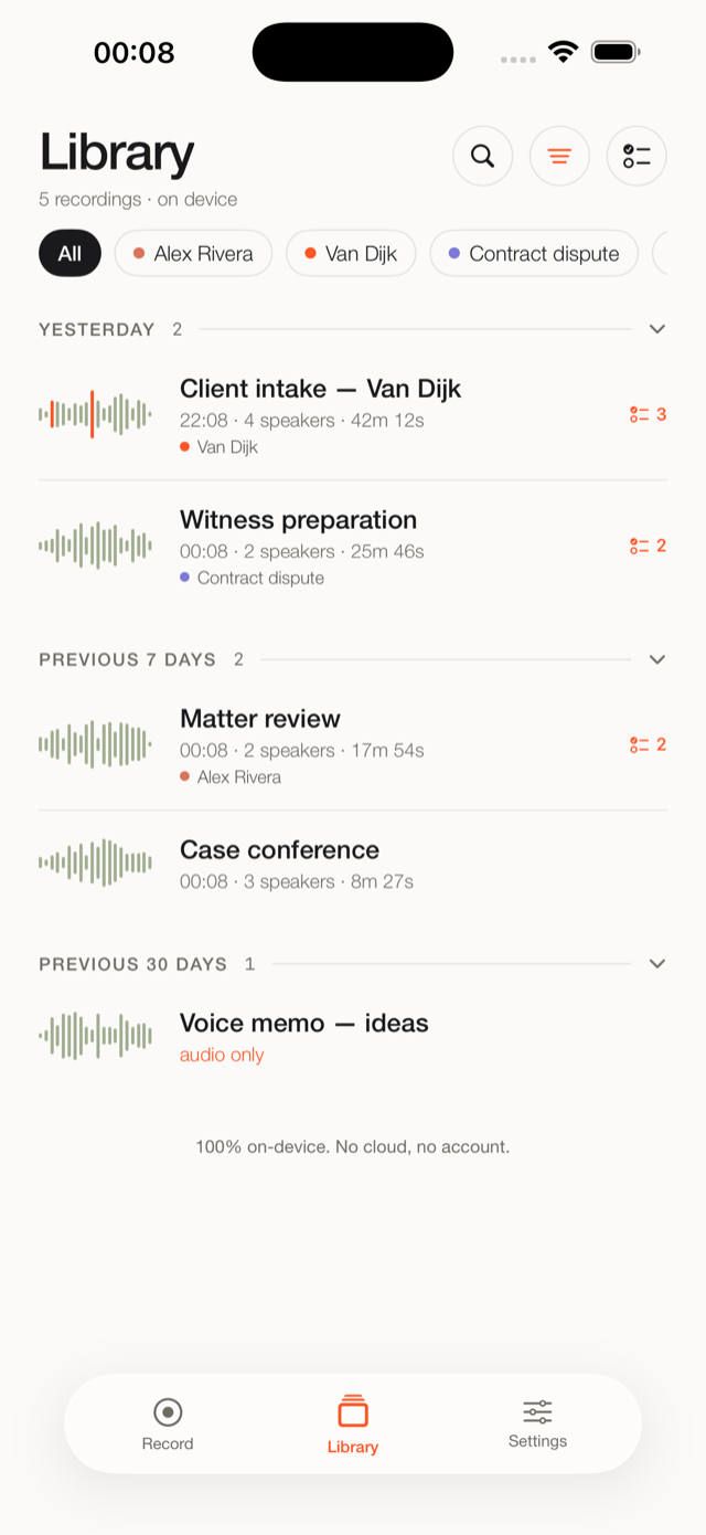Fieldnoter library showing recordings grouped by client and matter