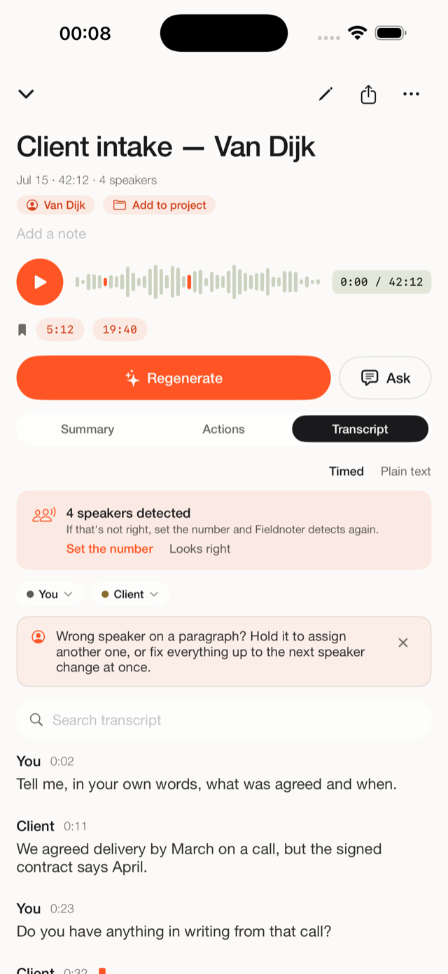 A labeled transcript with timestamps ready to export in Fieldnoter
